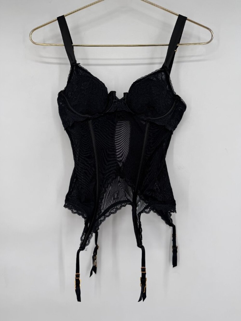 Victoria's Secret Black Mesh Very Sexy Bustier Corset Garter Lingerie Teddy S